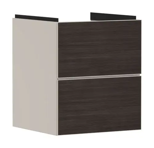 Hansgrohe Waschtischunterschrank in Sandbeige mit zwei Schubkästen. Der Schrank hat eine matte Oberfläche und eignet sich für einen Handwaschbecken.